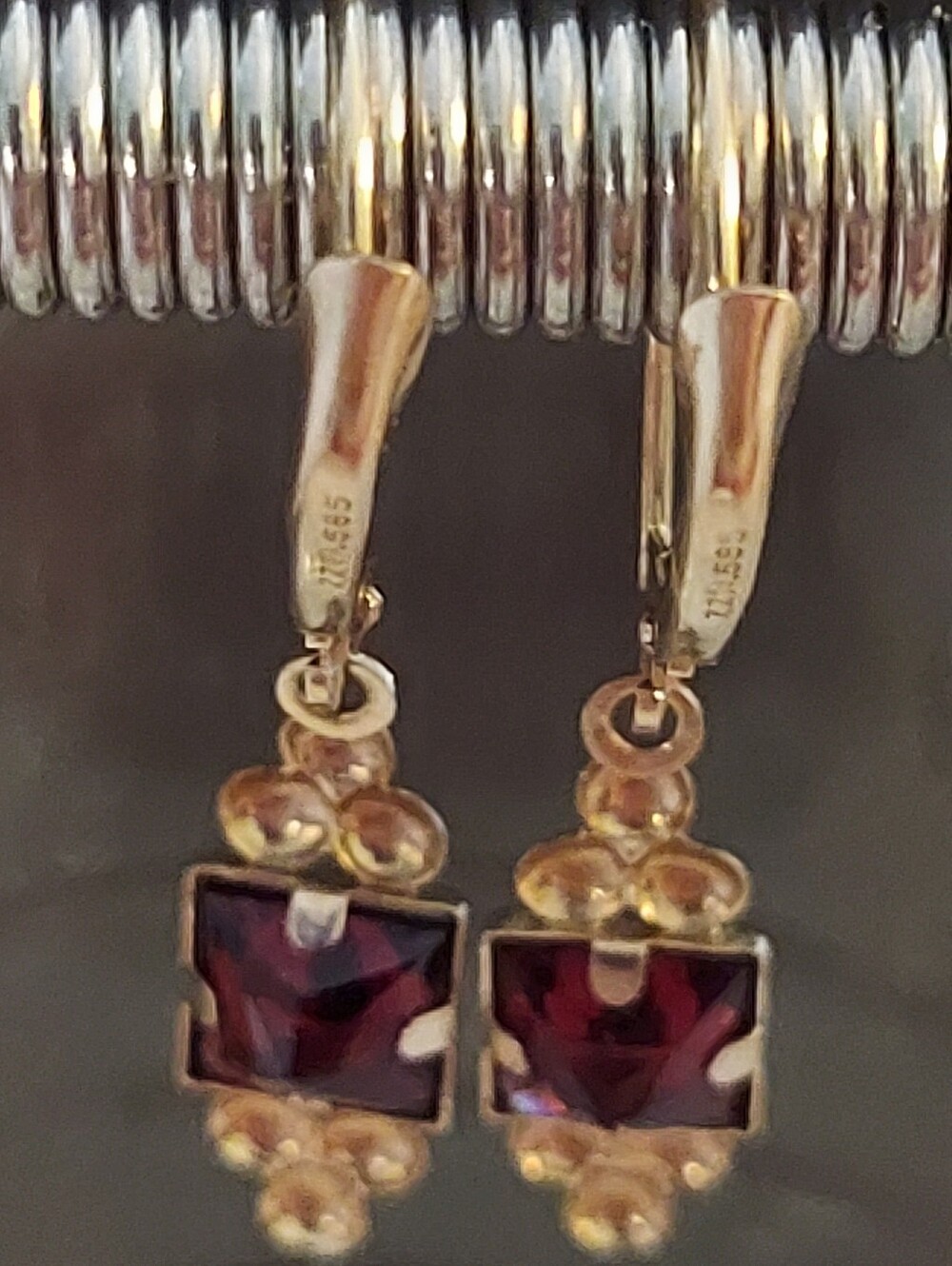 14K Garnet Drop Earrings - Picture 3 of 12